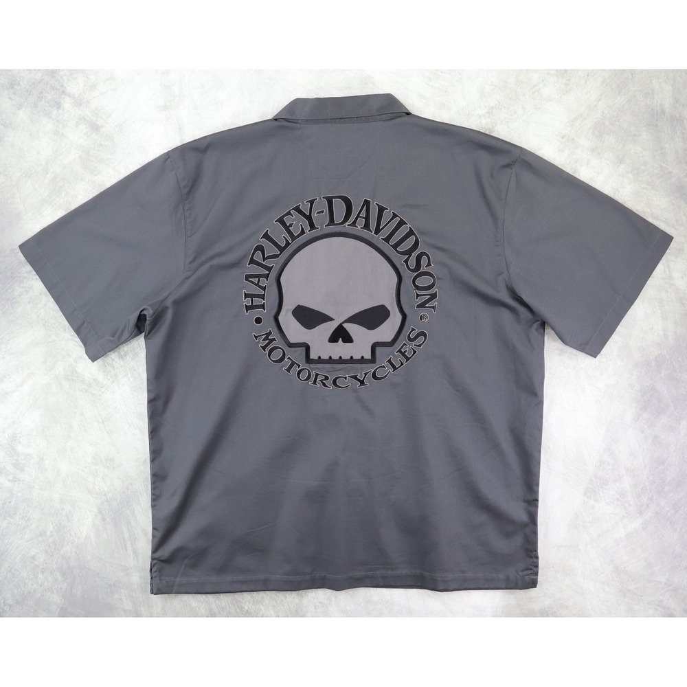 Harley Davidson Work Shirt Mens XL Gray Willie G Skull Short Sleeve Garage